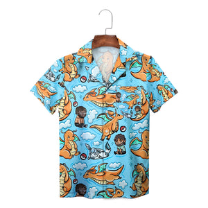 Blue button shirt printed with orange dragons clouds pokeballs