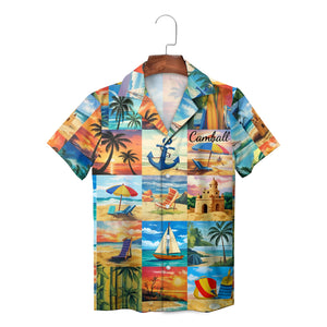 Patchwork beach scene Hawaiian shirt with palms and sailboats