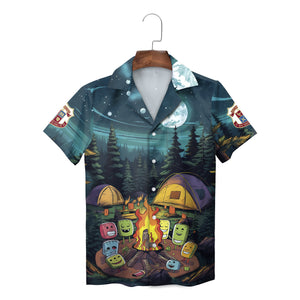 Hawaiian shirt with cartoon marshmallows around campfire in forest variant 2