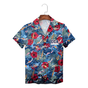 CCA Swimming tropical leaf red hibiscus diver print shirt