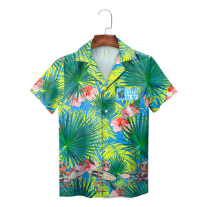 Blue Hawaiian shirt green palm leaves pink flowers surfer art variant 2