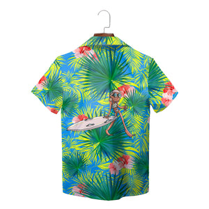 Blue Hawaiian shirt green palm leaves pink flowers surfer art variant 3