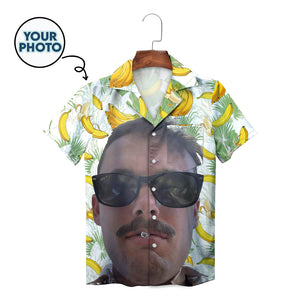 Personalised face photo banana print Hawaiian shirt on hanger