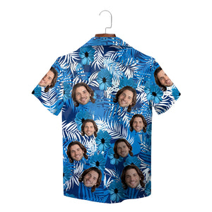 Blue palm leaf hibiscus Hawaiian shirt with custom face print variant 5