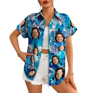 Blue palm leaf hibiscus Hawaiian shirt with custom face print variant 7