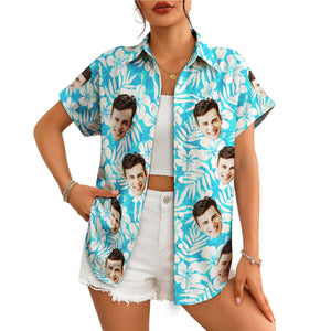 Personalised face print blue tropical hibiscus Hawaiian shirt variant 4