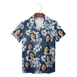 Navy floral personalised face photo Hawaiian shirt on hanger