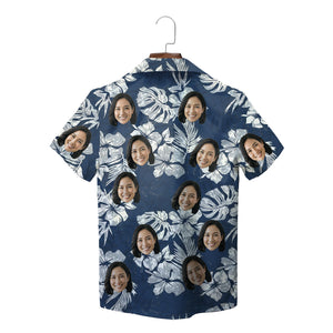 Navy floral personalised face photo Hawaiian shirt on hanger variant 2