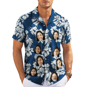 Navy floral personalised face photo Hawaiian shirt on hanger variant 3