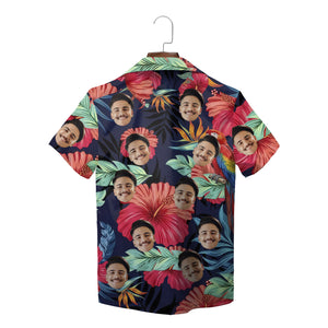 Navy Hawaiian shirt with repeated face cutouts hibiscus macaw variant 2