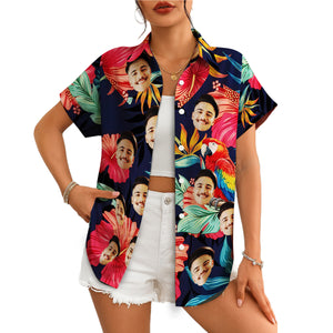 Navy Hawaiian shirt with repeated face cutouts hibiscus macaw variant 4