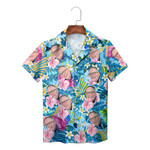 Custom face photo Hawaiian shirt blue palm pink hibiscus print variant 3