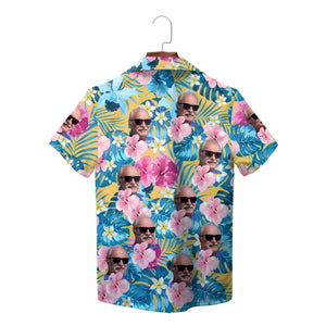 Custom face photo Hawaiian shirt blue palm pink hibiscus print variant 5