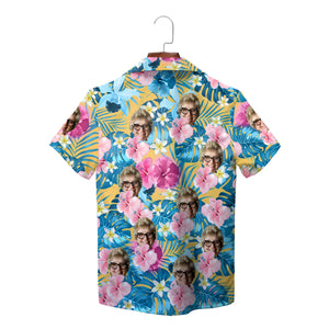 Custom face photo Hawaiian shirt blue palm pink hibiscus print variant 6