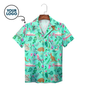 Mint green Hawaiian shirt with koalas kangaroos flowers logo