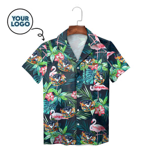 Navy tropical Hawaiian shirt flamingos monstera custom logo
