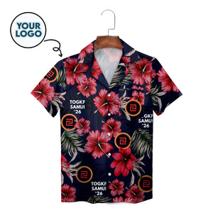 Navy floral Hawaiian shirt with red hibiscus and custom logo
