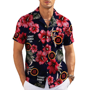 Navy floral Hawaiian shirt with red hibiscus and custom logo variant 3