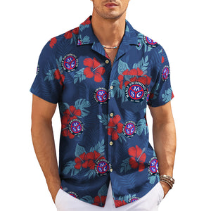 Navy Hawaiian shirt with red hibiscus flowers and custom logo variant 3