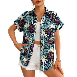 Navy Polynesian tribal print Hawaiian shirt with custom logo variant 4