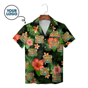 Black Hawaiian shirt with hibiscus monstera print custom logo