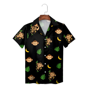 Black Hawaiian shirt with cartoon monkeys bananas green leaves