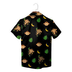 Black Hawaiian shirt with cartoon monkeys bananas green leaves variant 2