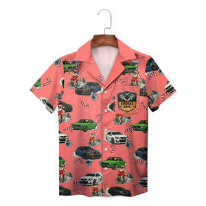 Coral Hawaiian shirt with cars candy canes and Santa on hanger
