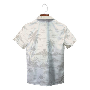 Cream camp shirt showing line-drawn palms volcanic isle variant 2