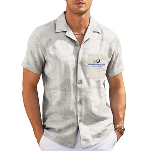 Cream camp shirt showing line-drawn palms volcanic isle variant 3