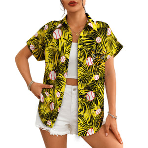 Yellow aloha shirt featuring black palm fronds baseballs bee crest variant 4