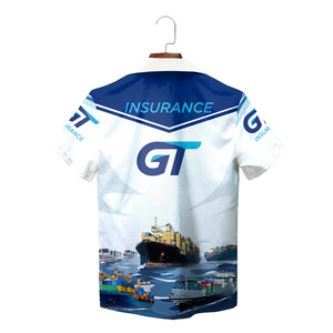 Blue corporate Hawaiian shirt with trucks and GT Insurance logo variant 2