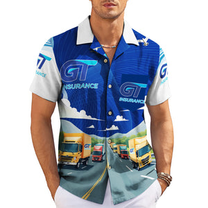 Blue corporate Hawaiian shirt with trucks and GT Insurance logo variant 3