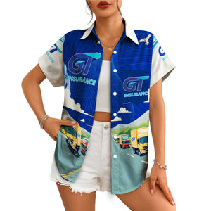 Blue corporate Hawaiian shirt with trucks and GT Insurance logo variant 4
