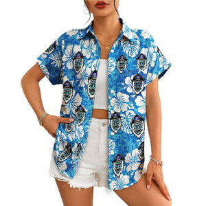 Blue floral camp shirt featuring fireman gorilla mascot variant 4