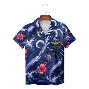 Navy Hawaiian shirt with marlins waves pink hibiscus print