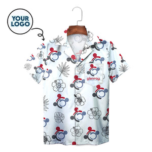 White Hawaiian shirt with Mickey motifs hibiscus and logo pocket