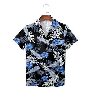 Black Hawaiian shirt with blue flowers and grey tropical leaves