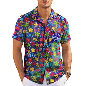 Indigo Hawaiian shirt with red yellow blue handprints WyldLife badge variant 10