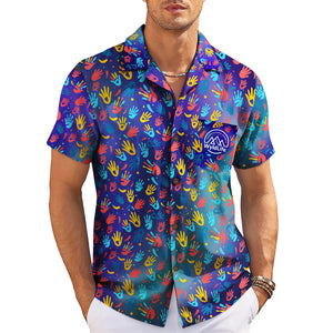 Indigo Hawaiian shirt with red yellow blue handprints WyldLife badge variant 9