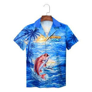 Blue Hawaiian shirt featuring jumping red fish ocean palm trees