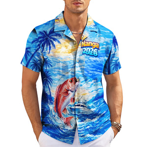 Blue Hawaiian shirt featuring jumping red fish ocean palm trees variant 3