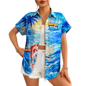 Blue Hawaiian shirt featuring jumping red fish ocean palm trees variant 4