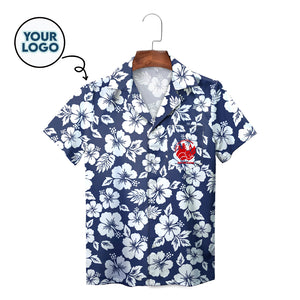 White hibiscus pattern navy Hawaiian shirt with red logo