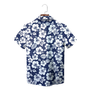White hibiscus pattern navy Hawaiian shirt with red logo variant 2