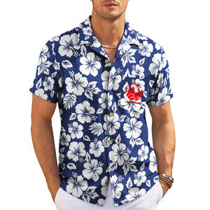 White hibiscus pattern navy Hawaiian shirt with red logo variant 3
