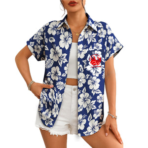 White hibiscus pattern navy Hawaiian shirt with red logo variant 4