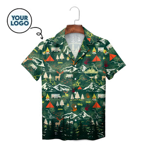 Green wilderness pattern Hawaiian shirt mountains tents deer