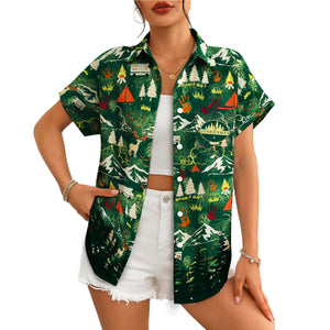 Green wilderness pattern Hawaiian shirt mountains tents deer variant 4