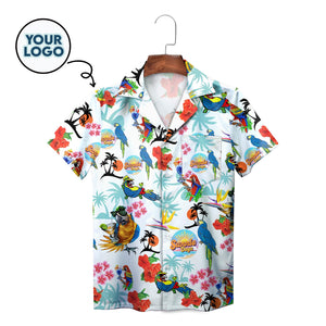 Colourful parrot and hibiscus print Hawaiian shirt on hanger